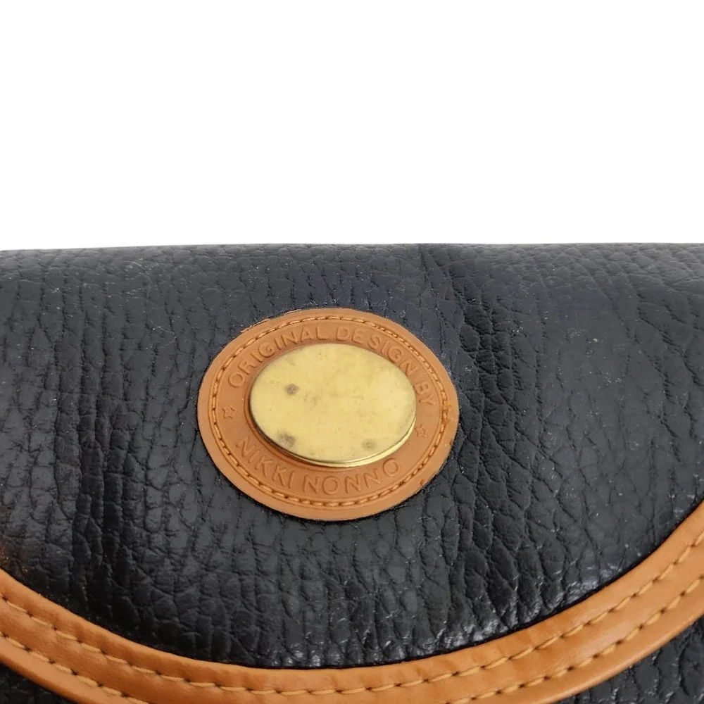 Vintage NIKKI NONNO Clutch Bag Womens Small Black Leather Tan Trim Snap Closure